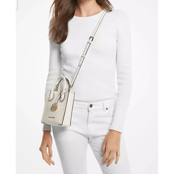 Michael Kors Mercer Extra Small Pebbled Leather Crossbody Bag Cream Minimalist - Picture 2 of 10
